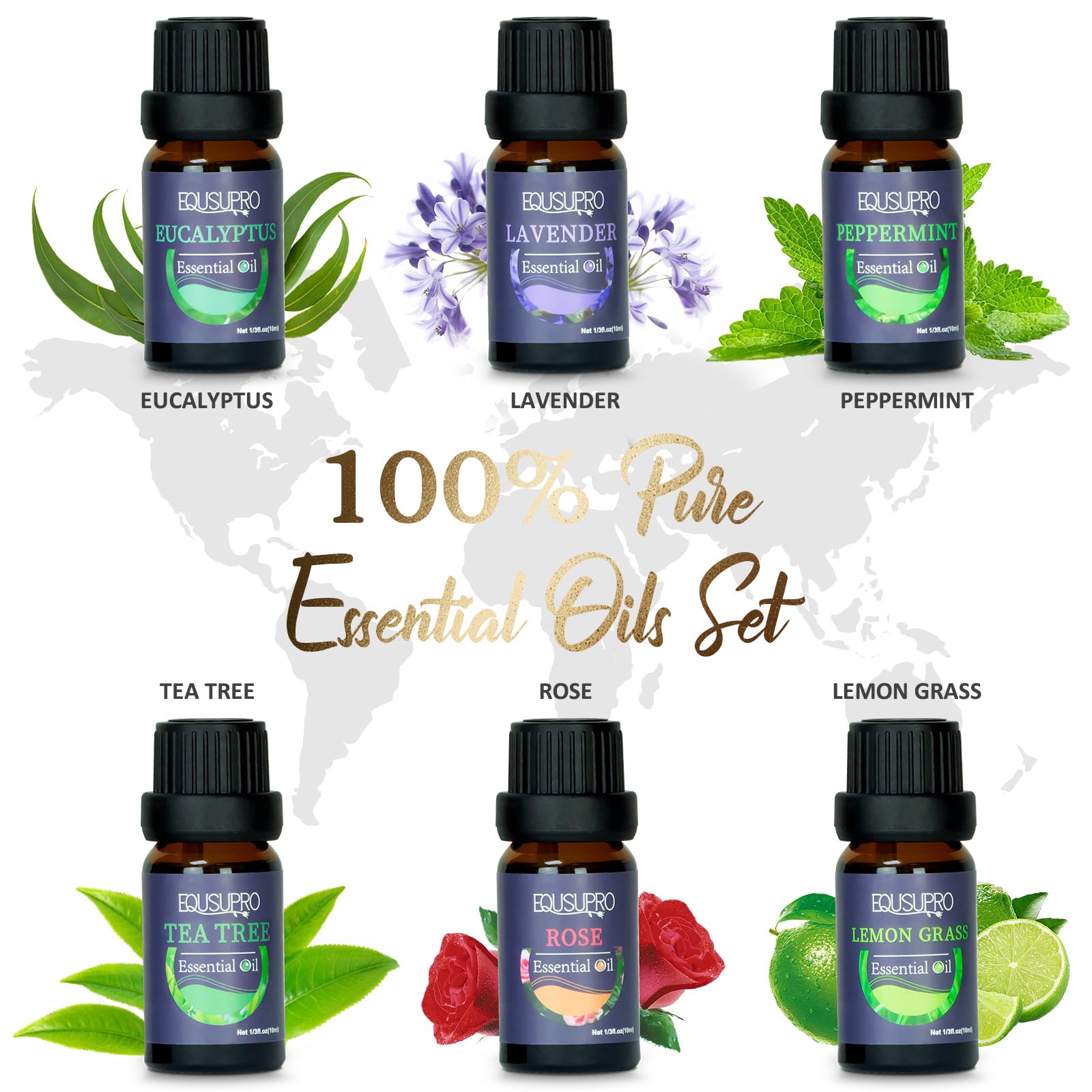 Essential oils: rose, lavender, eucalyptus, tea tree, peppermint, lemongrass
