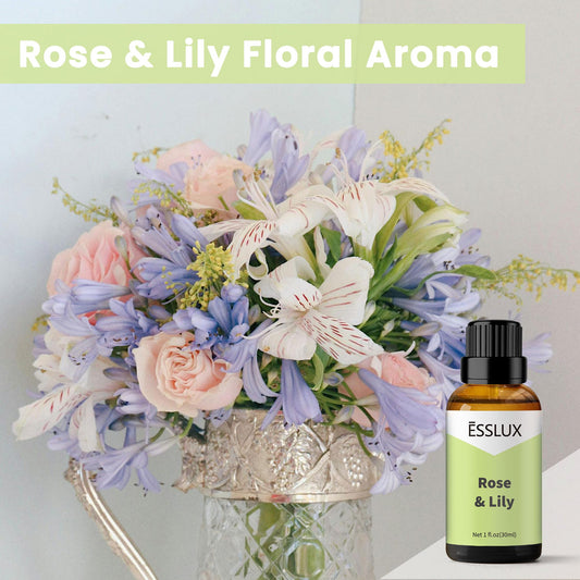 Close-up of Rose & Lily Fragrance Oil bottle (1 oz) in amber