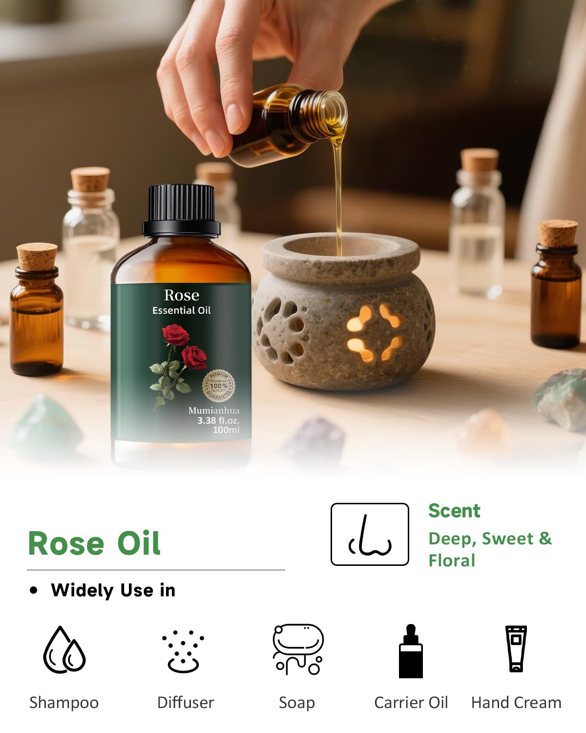 Rose essential oil diffuser blend in a diffuser