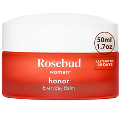 Rosebud Woman Honor balm-bottle-pump for daily intimate hydration with plant-based oils.
