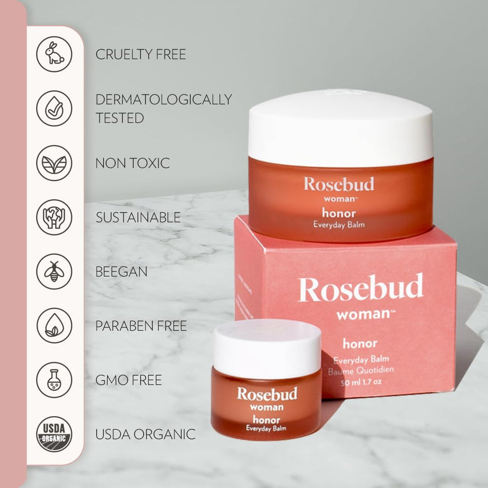 Rosebud Woman Honor packaging-eco-friendly highlights clean, pure formula.