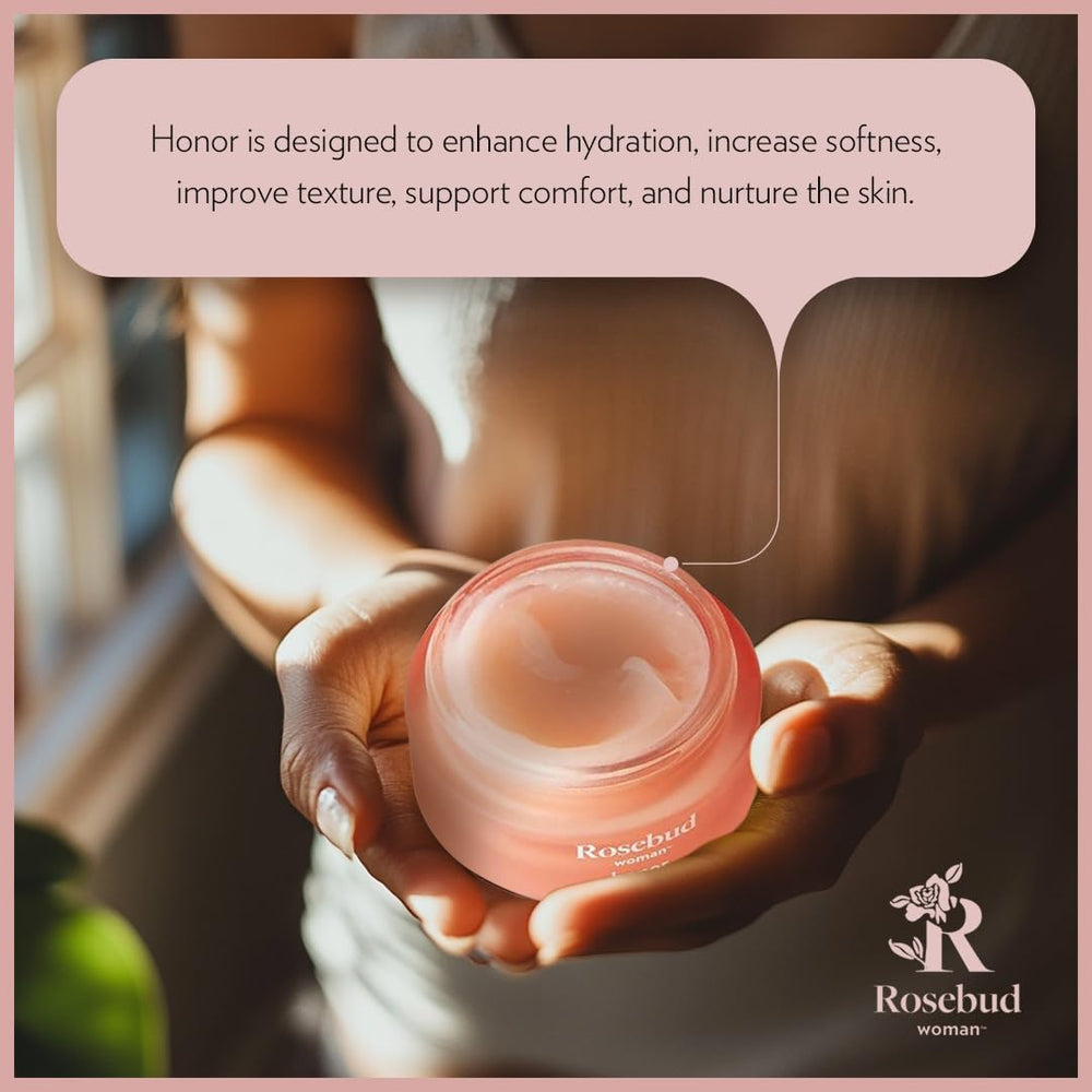 Rosebud Woman Honor travel-kit-ready balm supports on-the-go comfort.