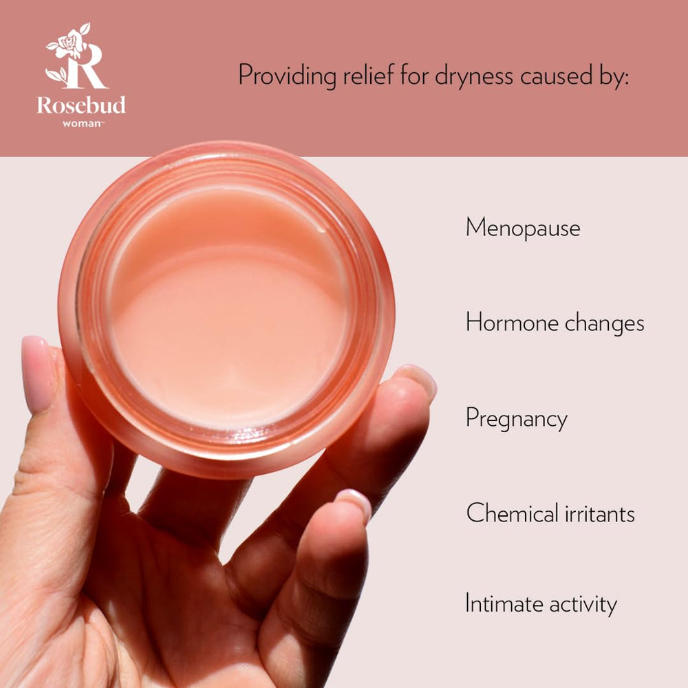 Rosebud Woman Honor vaginal-moisturizer-balm-tube offers fragrance-free, hormone-free comfort.
