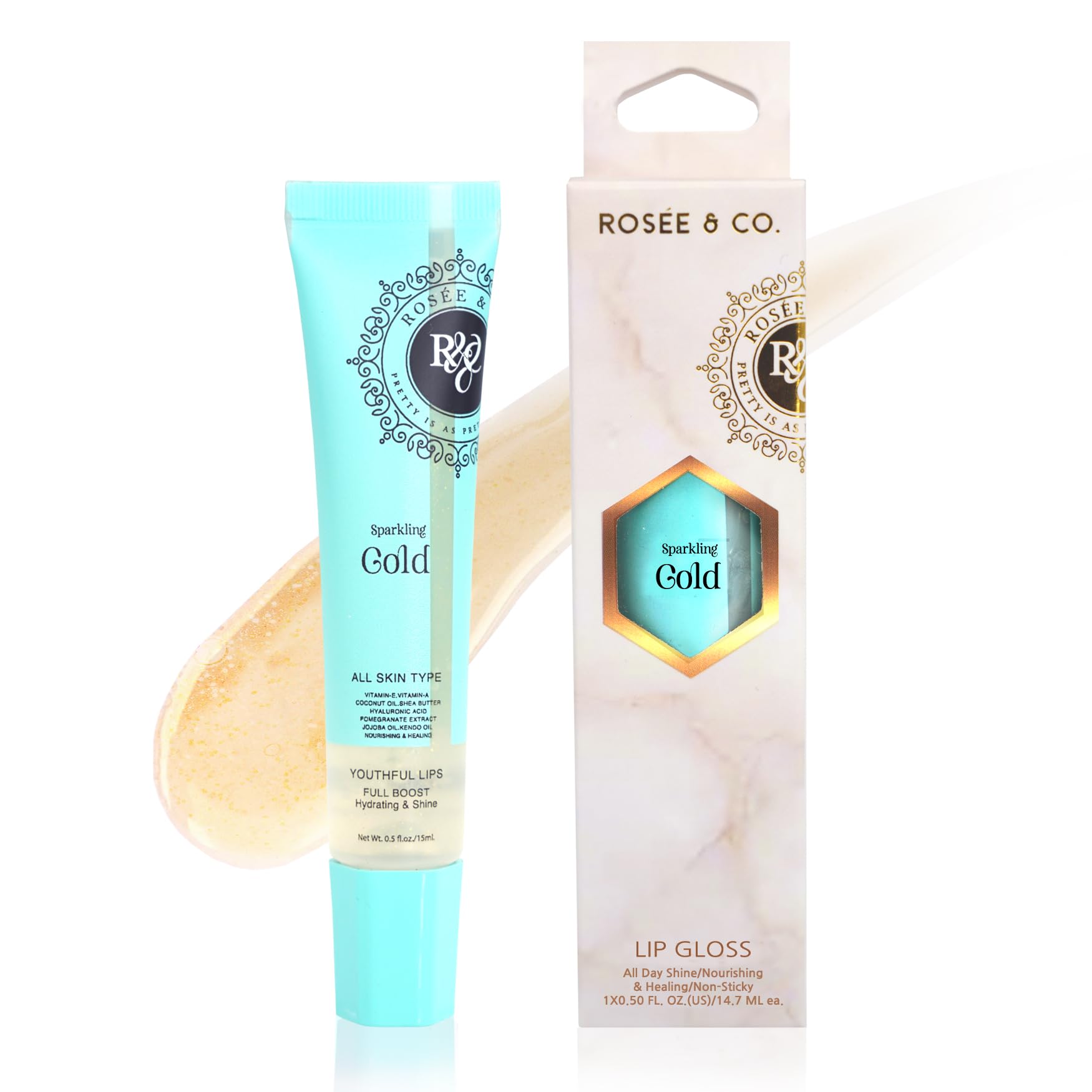 Rosee & Co Lip Gloss sparkling gold shade delivers high shine and lasting hydration