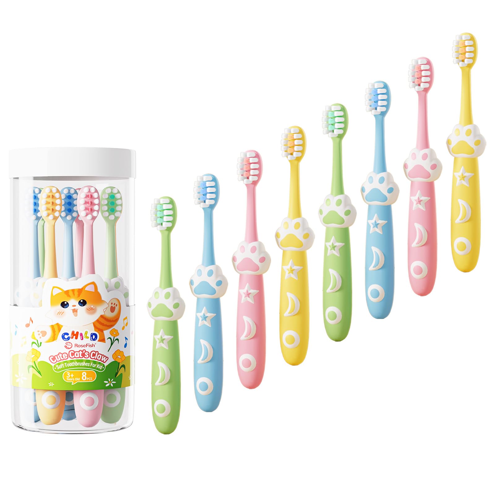 RoseFish 8-pack kids toothbrushes with cat's paw design