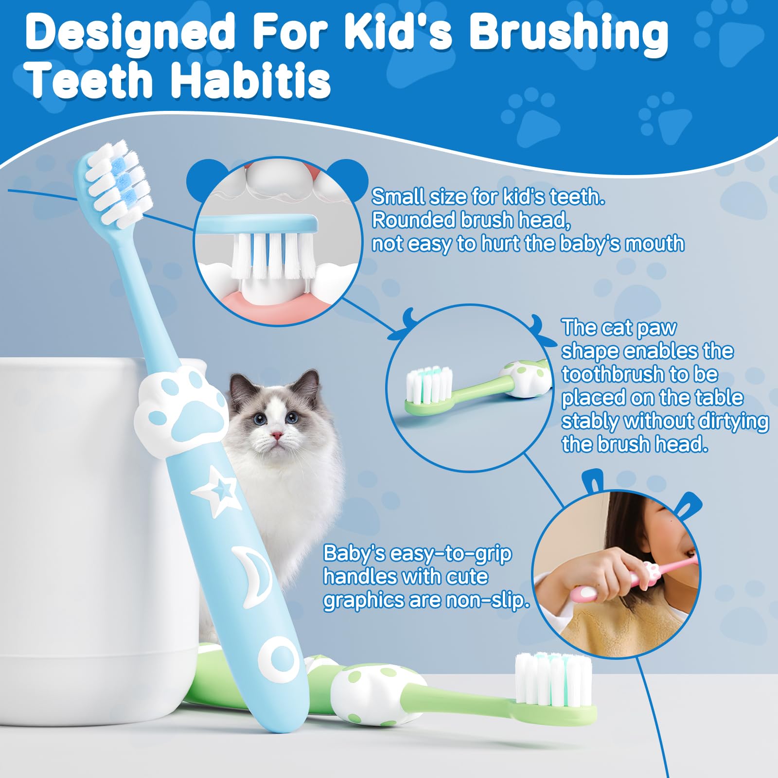 Ergonomic, non-slip handle on RoseFish kids toothbrush