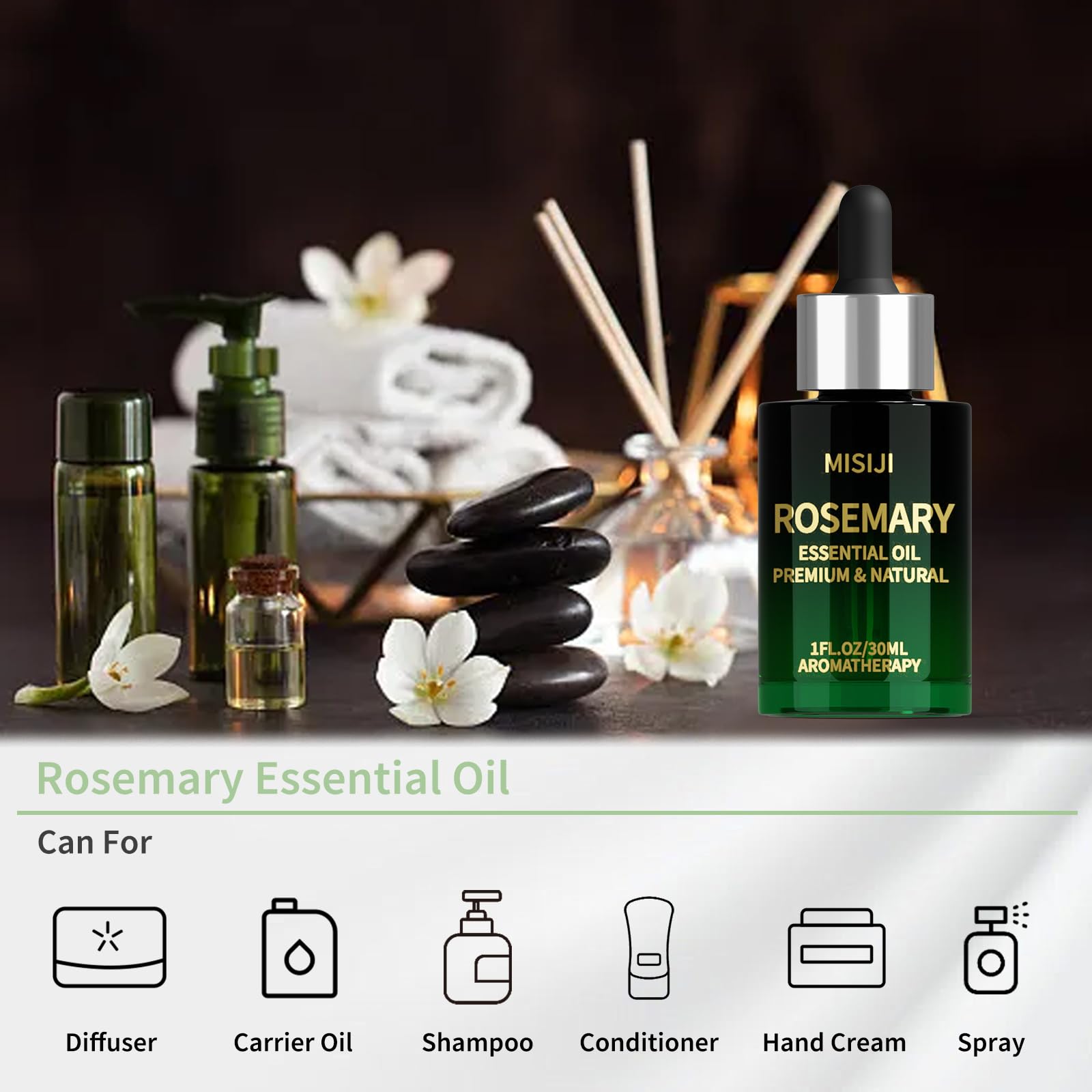 Diffuser with rosemary essential oil for aromatherapy