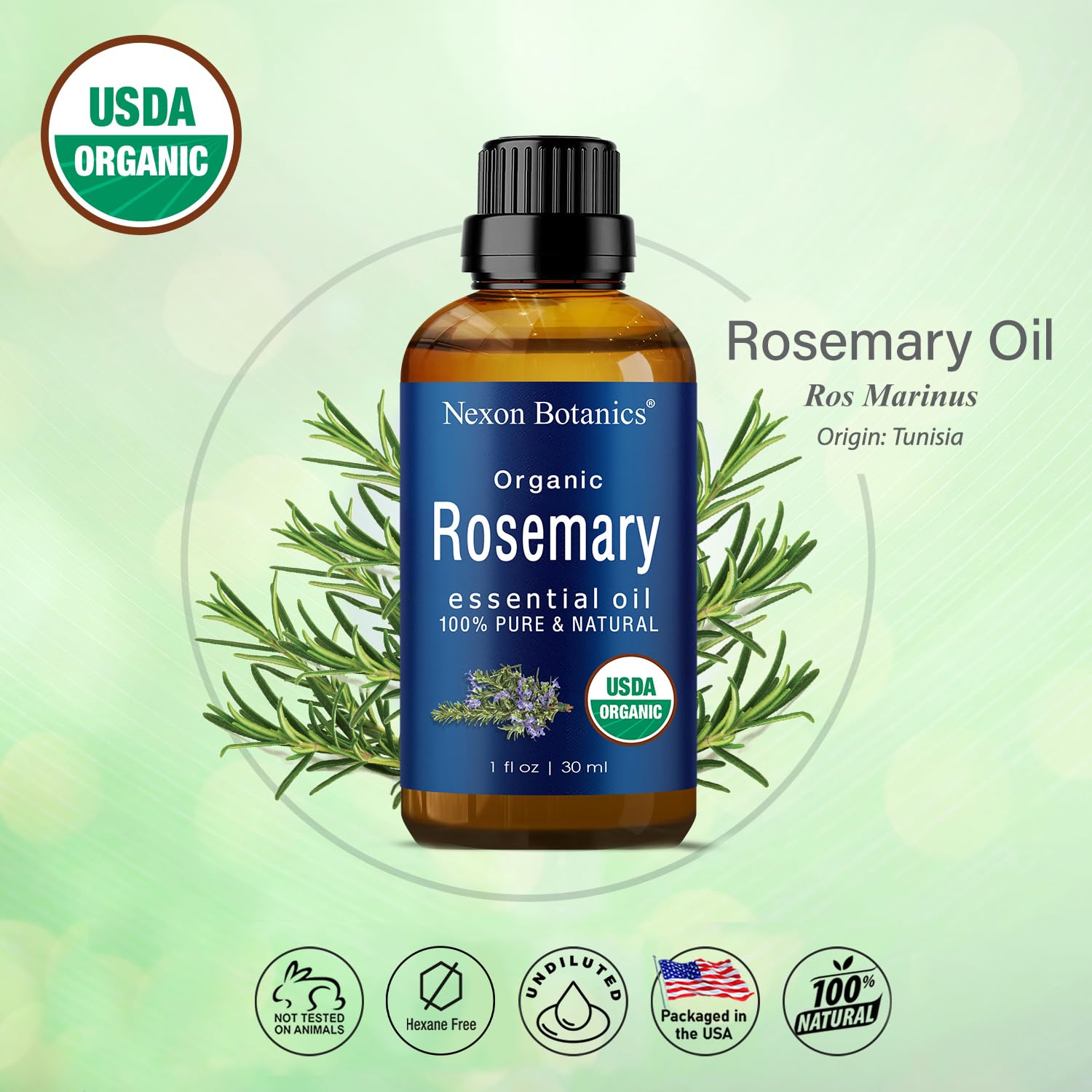 Front view of Nexon Botanics rosemary essential oil bottle