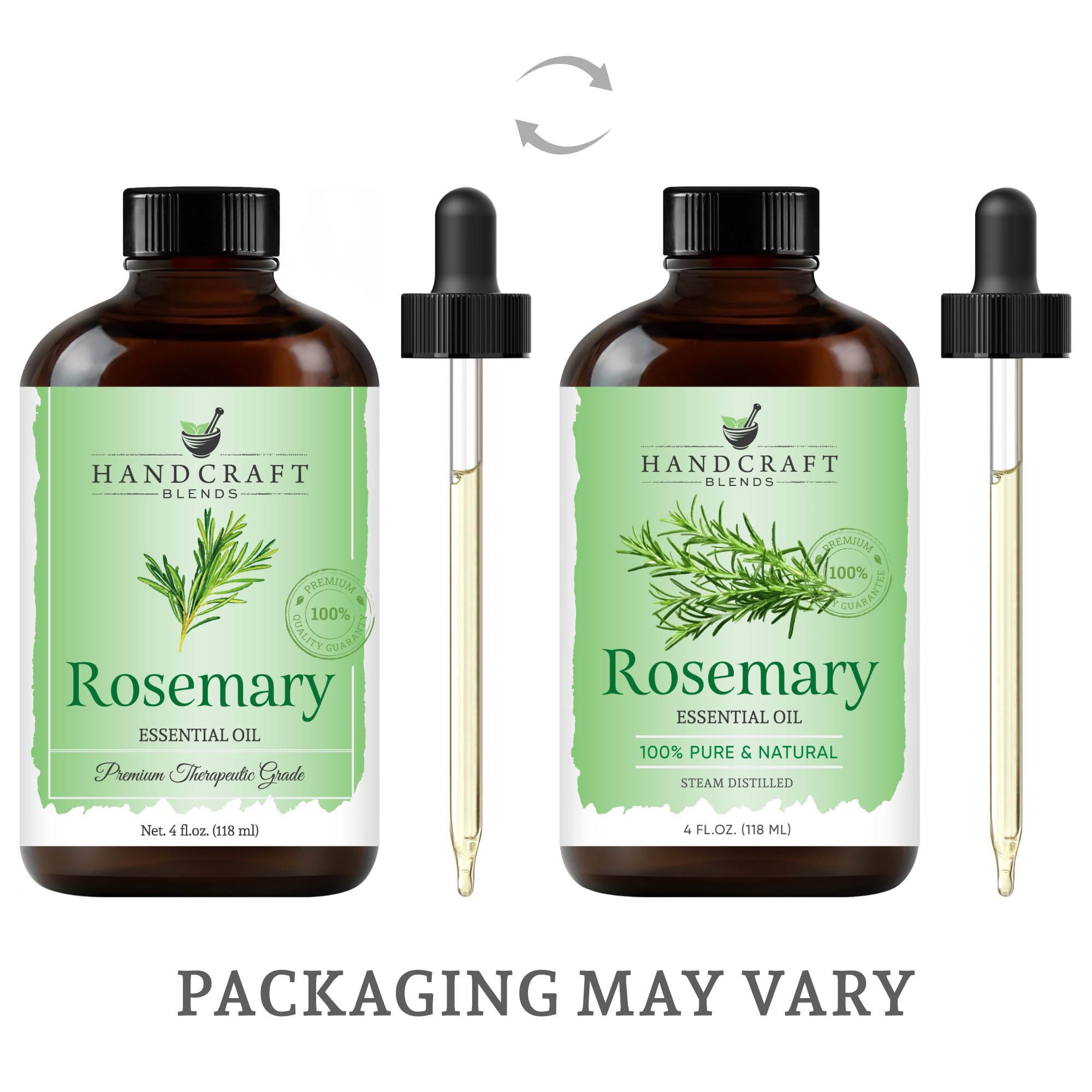 Amber glass bottle of rosemary essential oil