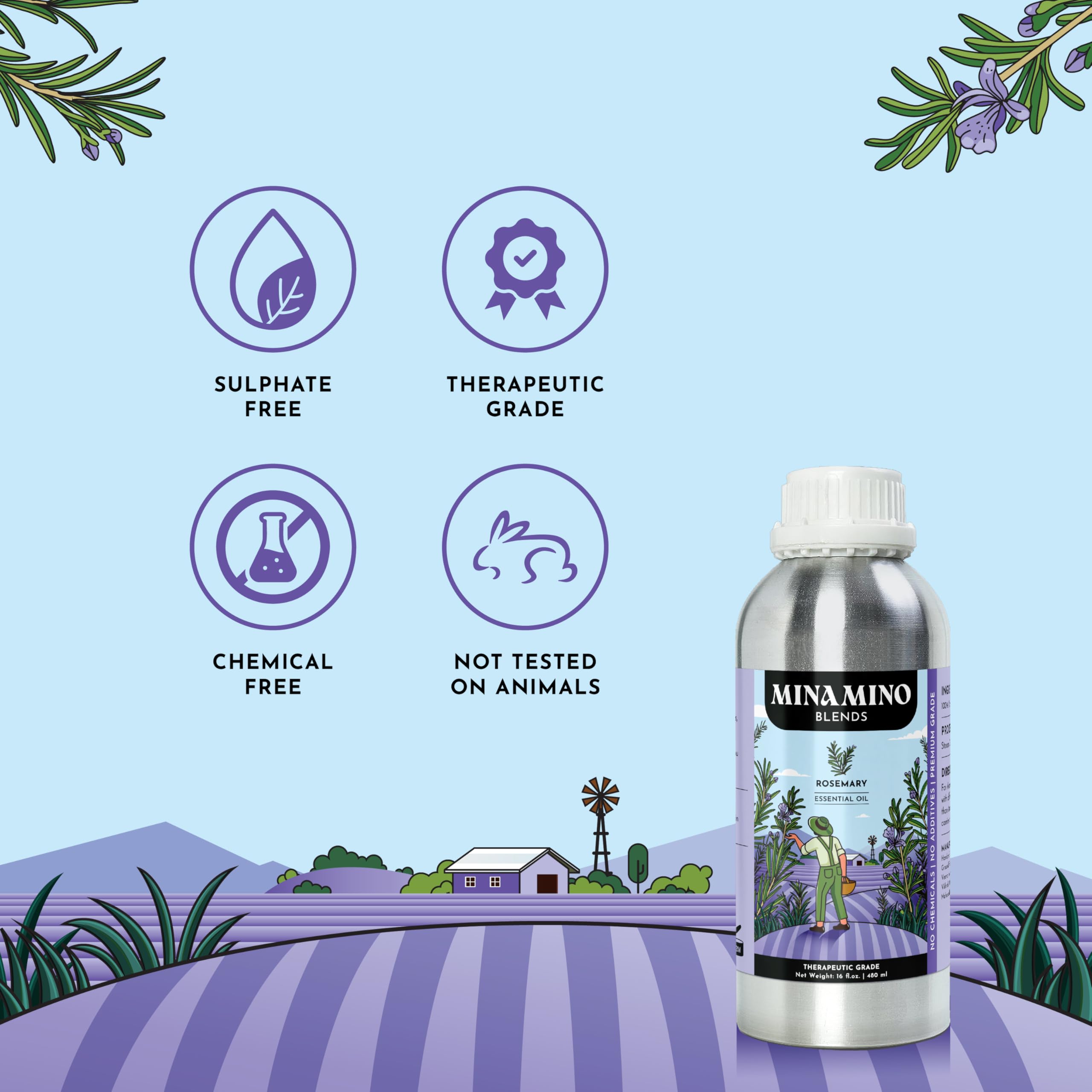 Bulk 480 ml packaging of rosemary essential oil