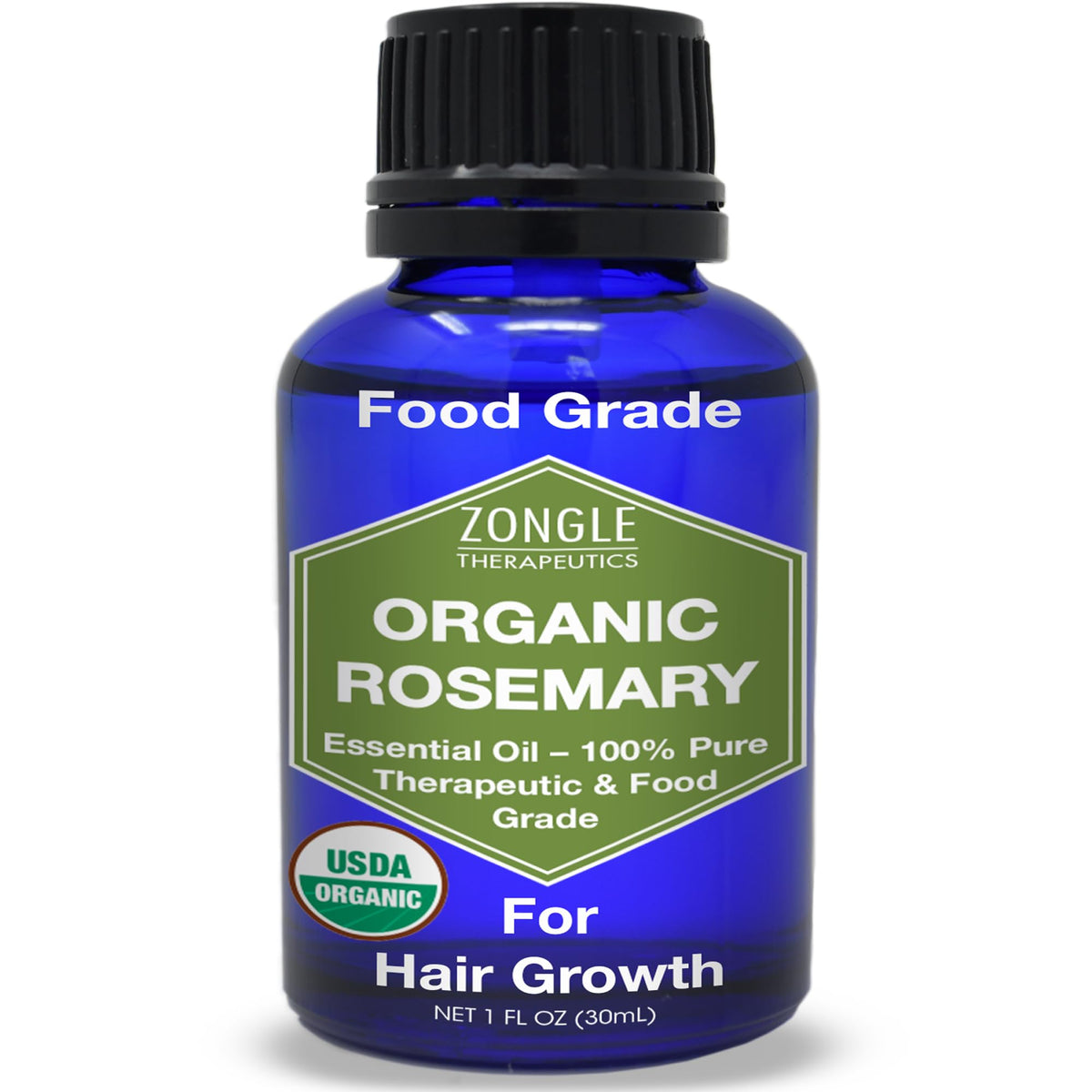 Front view of Zongle Therapeutics Organic Rosemary Oil 1 OZ bottle