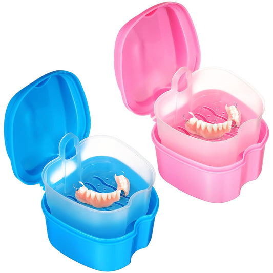 Rosenice 2-pack denture storage box set with apple shape in pink and blue