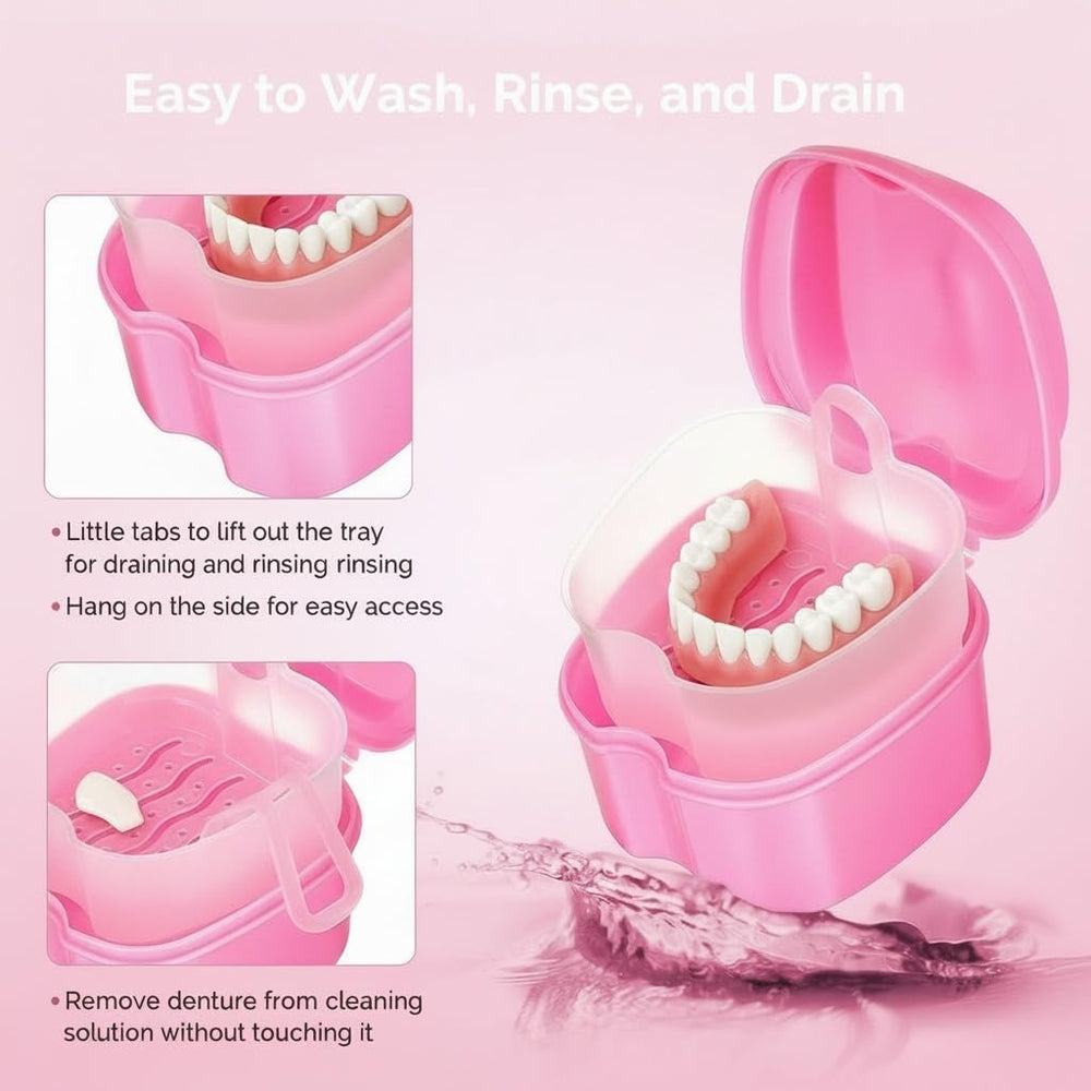 Denture storage box with strainer basket