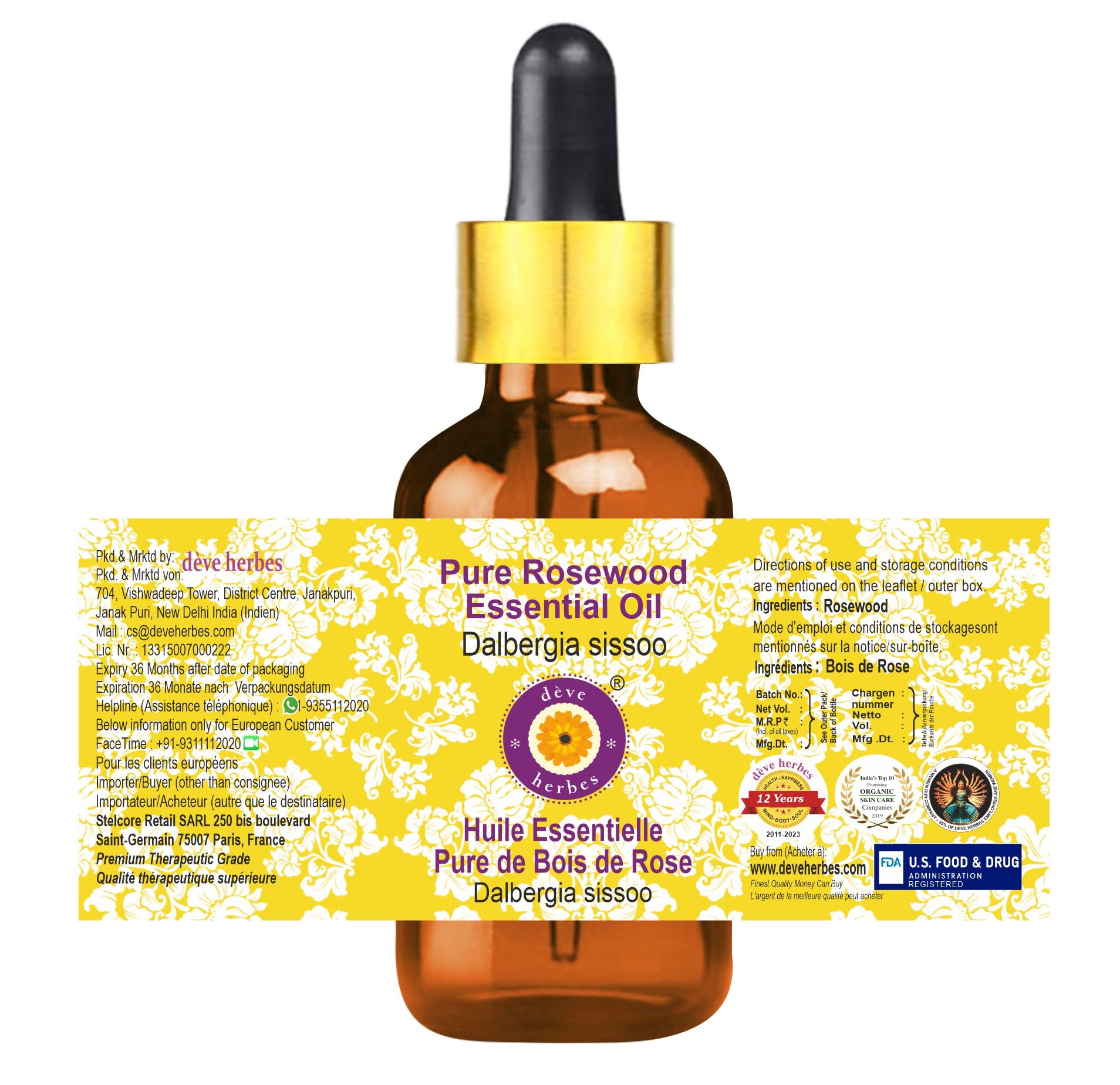 Amber glass bottle with dropper for Rosewood essential oil