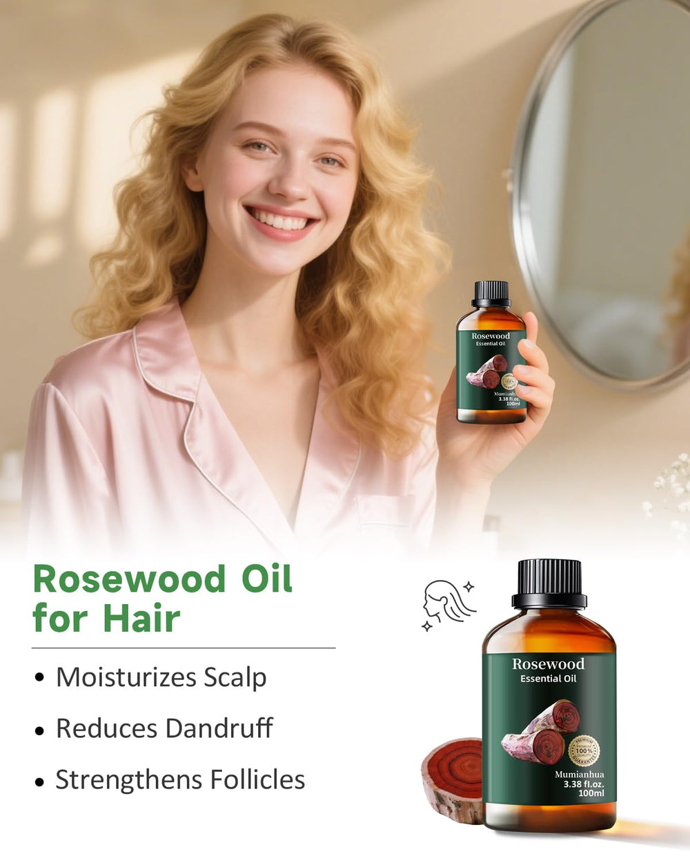 Rosewood essential oil for hair care and scalp conditioning