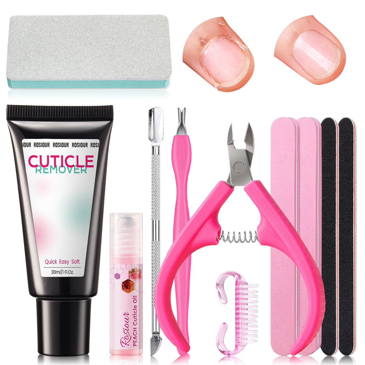 Rosiour Cuticle Remover Kit 11Pcs shown for quick at-home manicure preparation.
