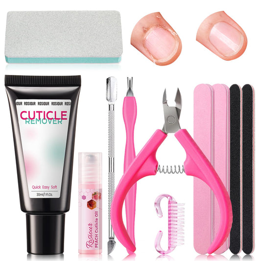 Rosiour Cuticle Remover Kit 11Pcs shown for quick at-home manicure preparation.