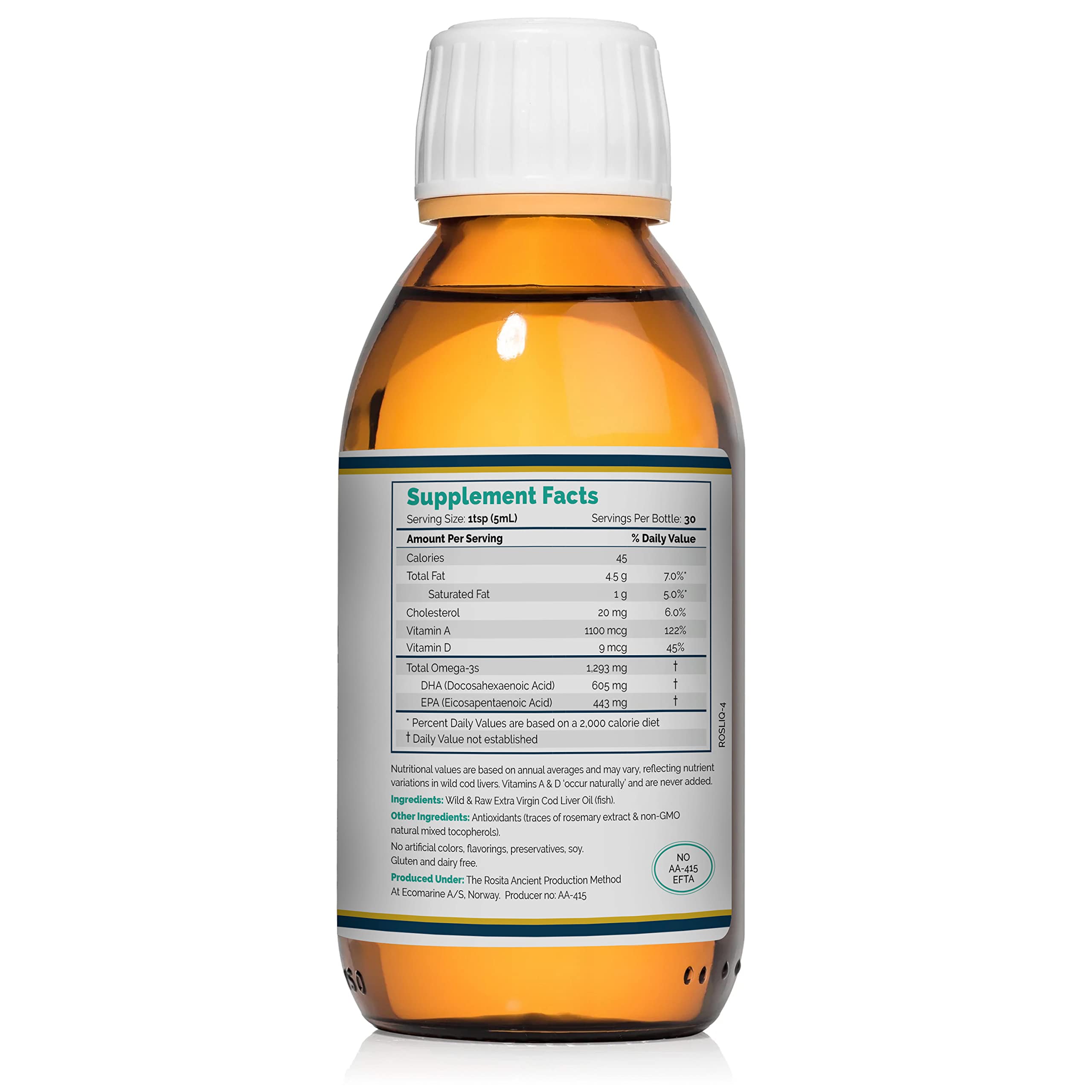 Pouring Rosita Cod Liver Oil Liquid with glass bottle