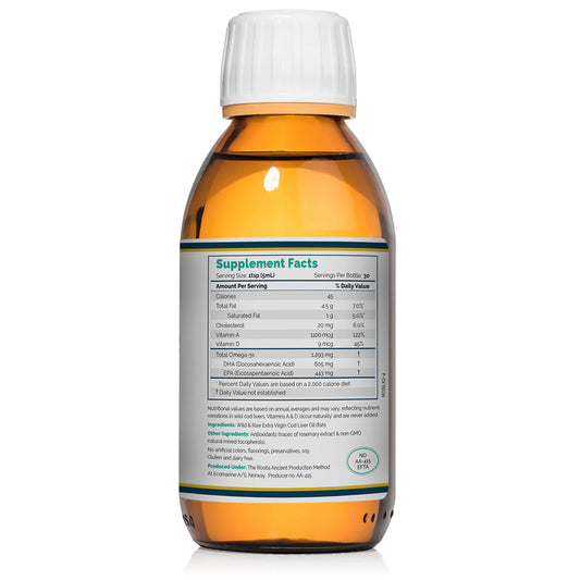 Pouring Rosita Cod Liver Oil Liquid with glass bottle
