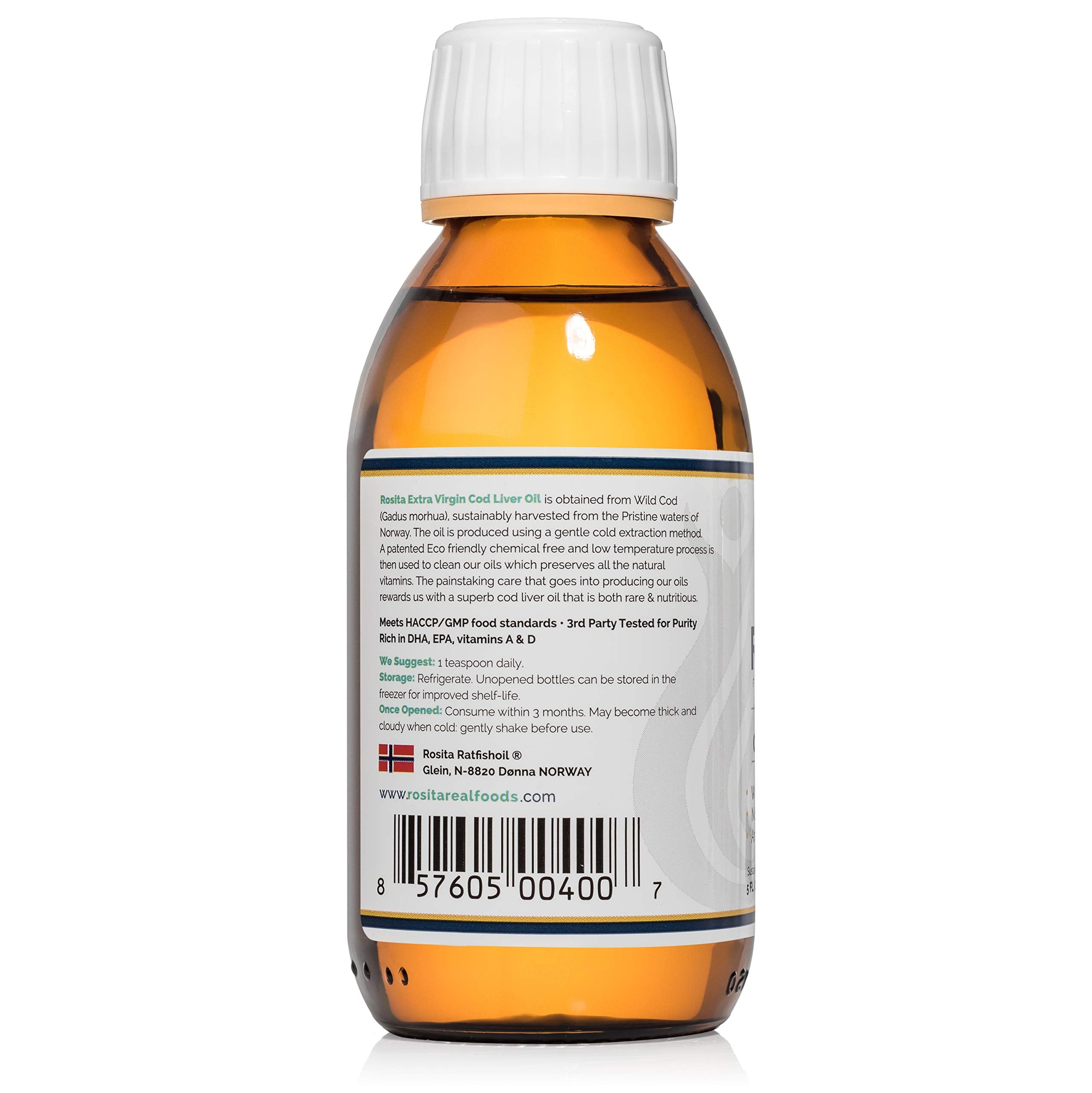 Rosita Cod Liver Oil Liquid packaging with Norwegian coastline