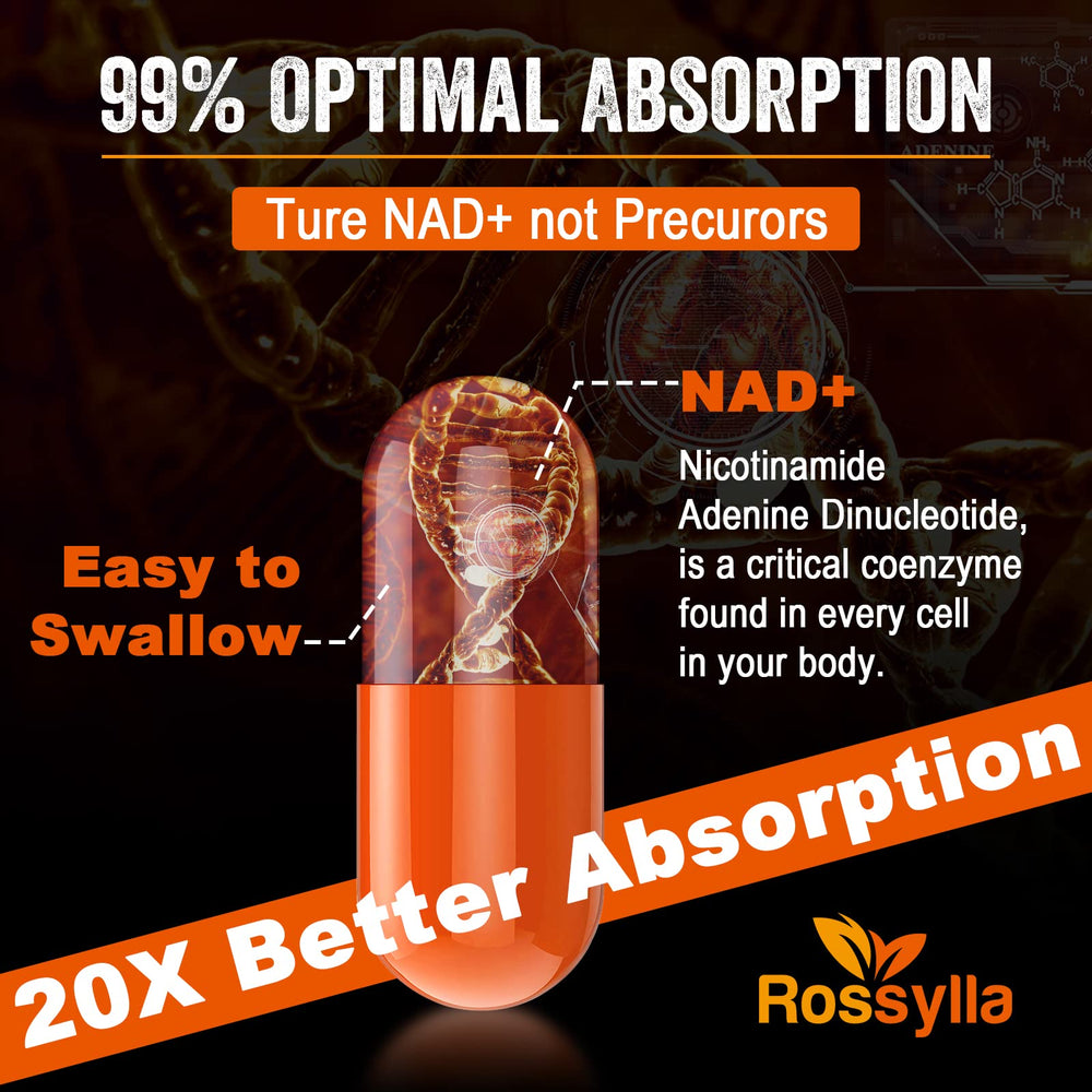 Side view of the Rossylla NAD+ bottle with dosage details