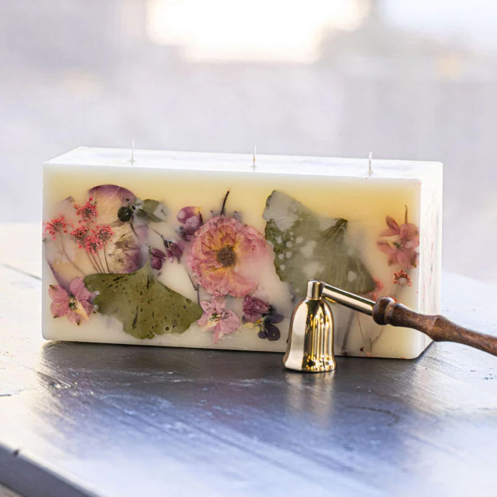 Rosy Rings Blushing Rosewood Brick candle—front view with botanical elements for luxury decor