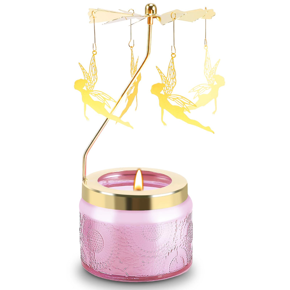 Rotatable vanilla cream candle with pink butterfly accent turning