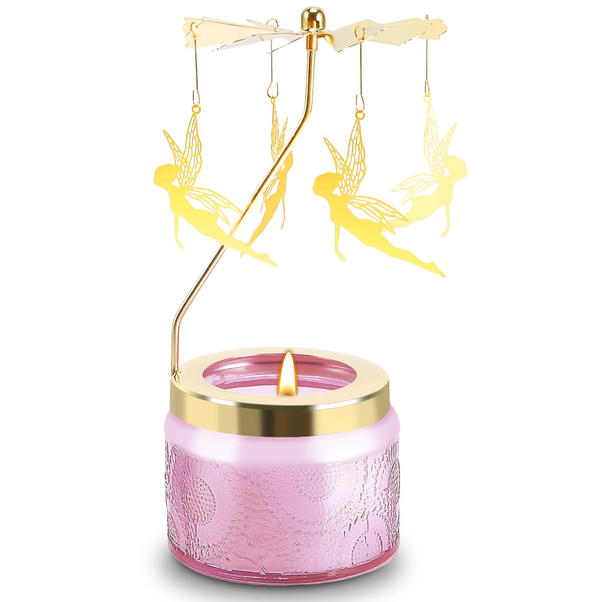 Rotatable vanilla cream candle with pink butterfly accent turning