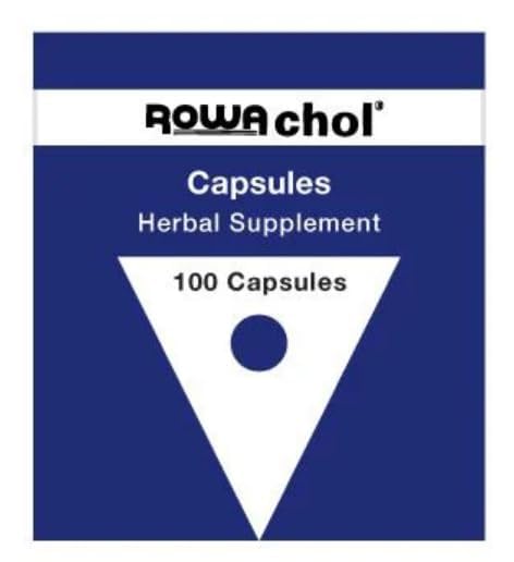 Rowachol Capsules 100 by rowa bottle and packaging on white background
