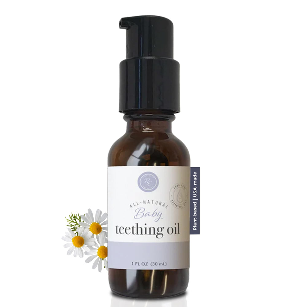 Front view of Rowe Casa Organics Baby Teething Oil 30 mL pump bottle