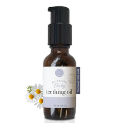 Front view of Rowe Casa Organics Baby Teething Oil 30 mL pump bottle