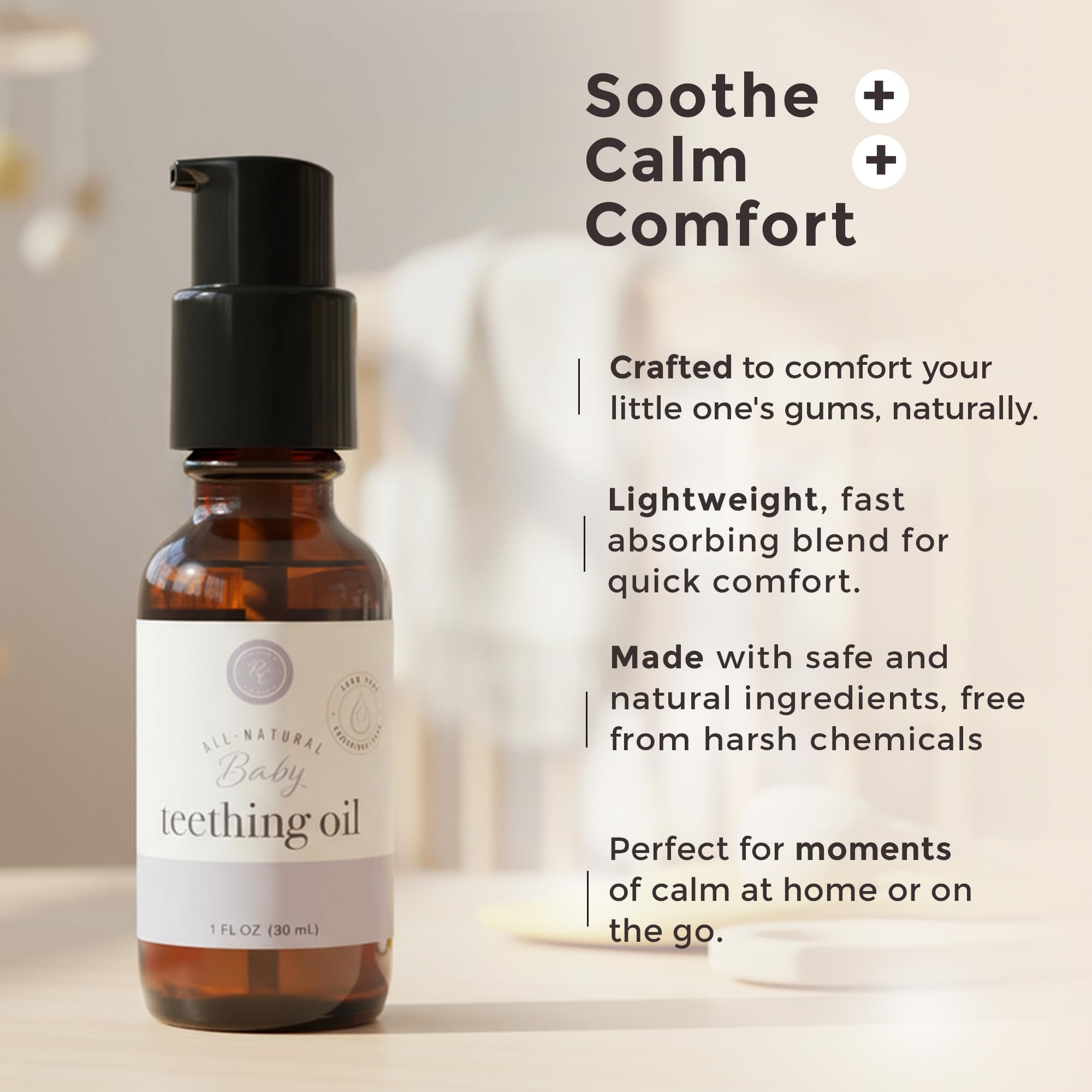 Lifestyle scene of a caregiver applying teething oil to soothe baby