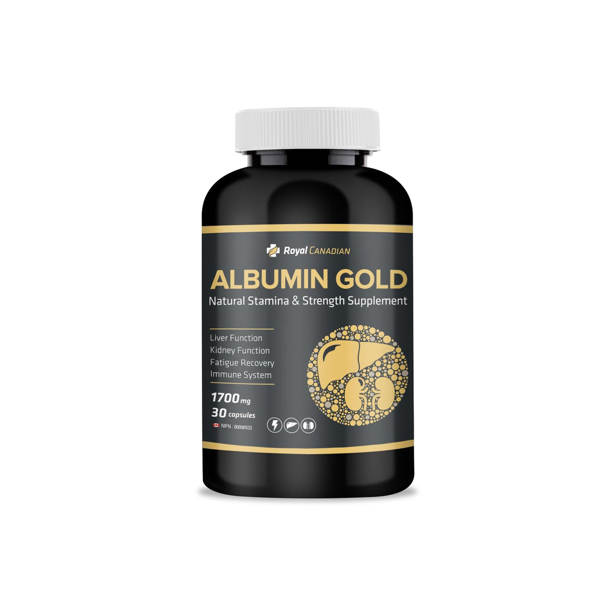 Bottle of Royal Canadian Albumin Gold 1700mg with label visible