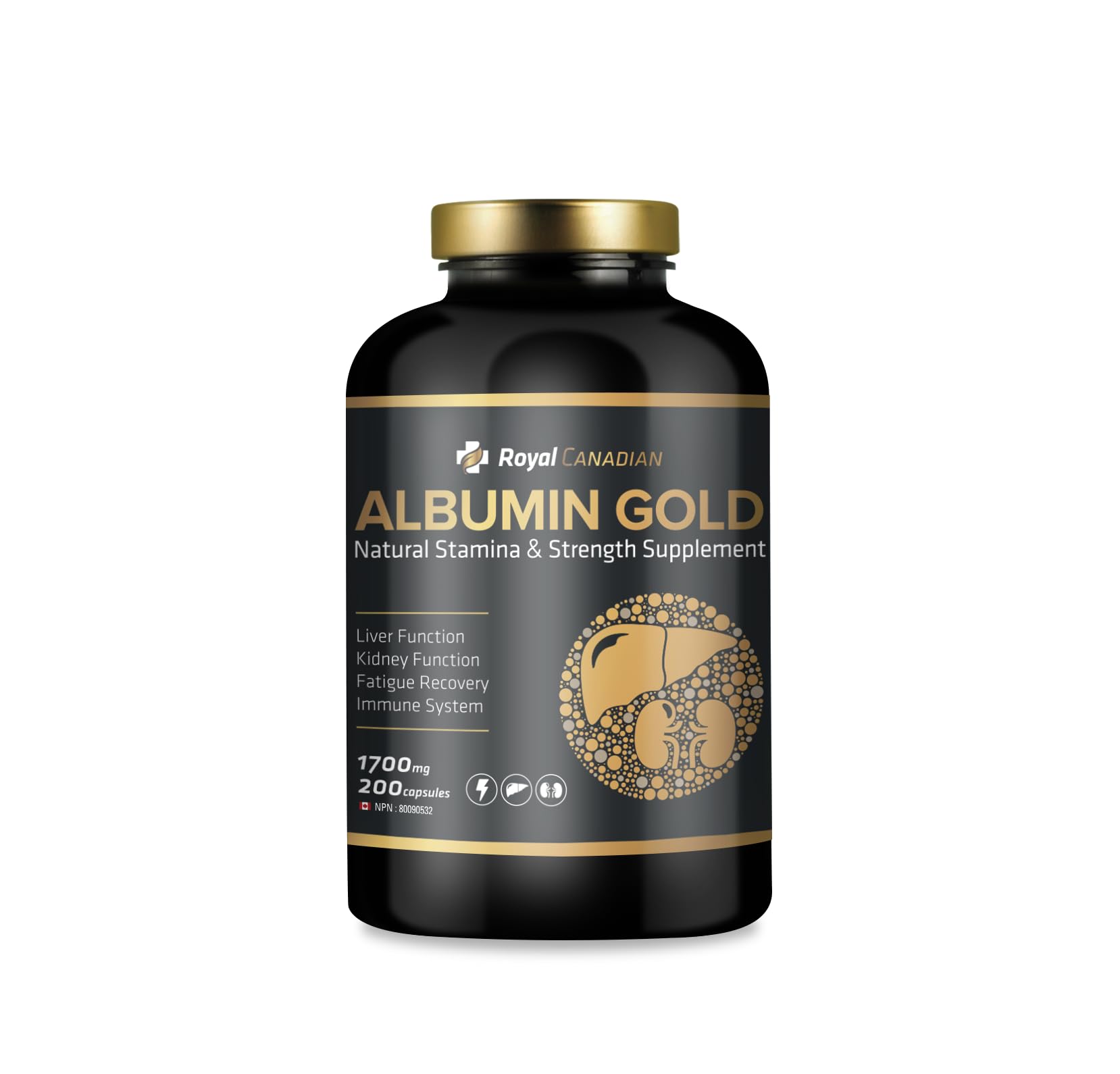Bottle of Royal Canadian Albumin Gold 1700mg capsules