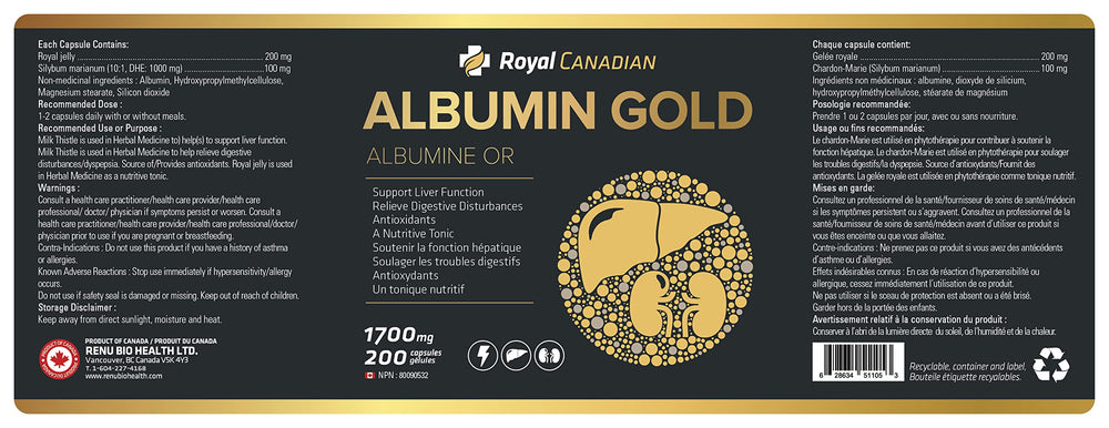 Health benefits of Royal Canadian Albumin Gold 1700mg for liver, kidney, immunity