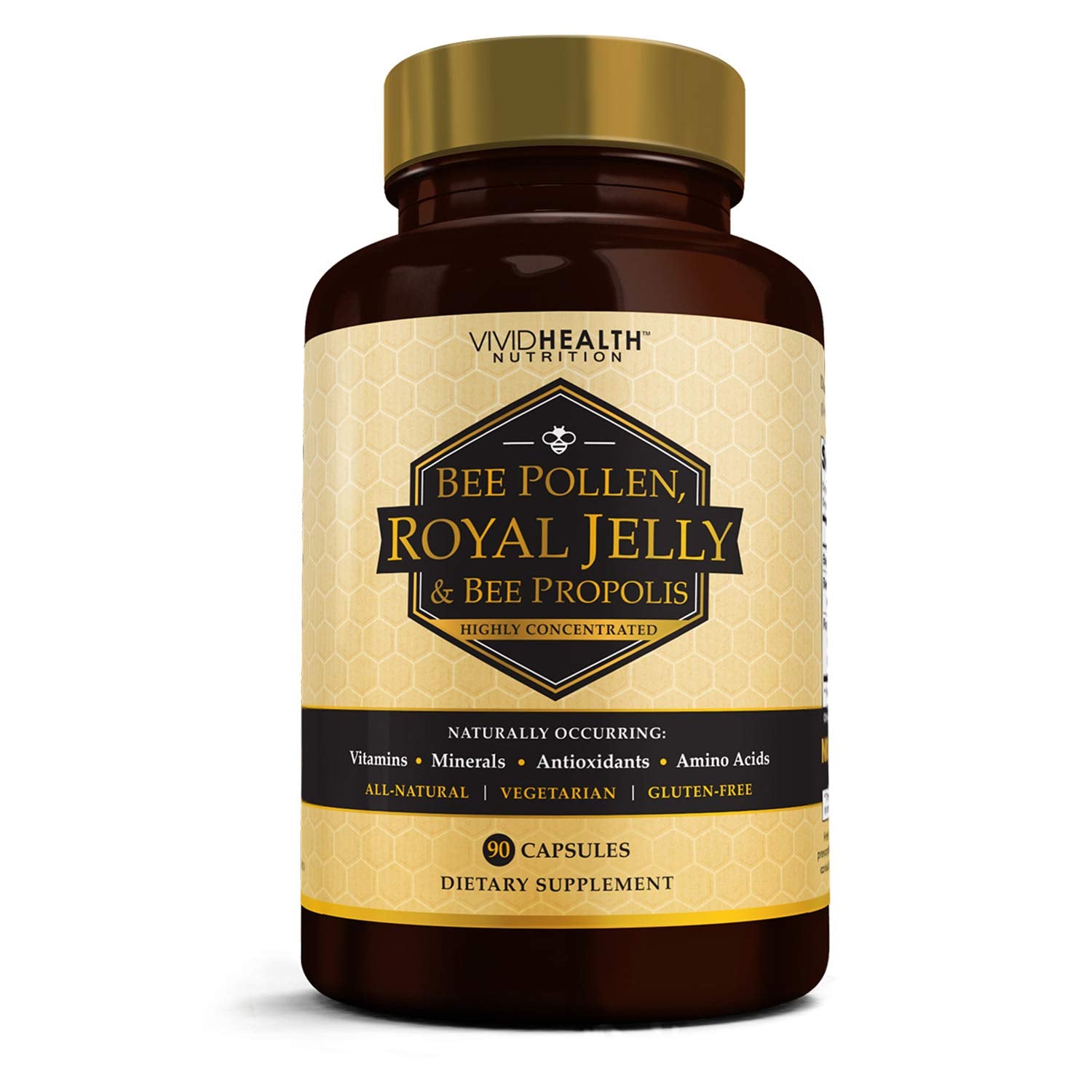 Front view of Vivid Health Royal Jelly and Bee Pollen Capsules bottle, 90-count