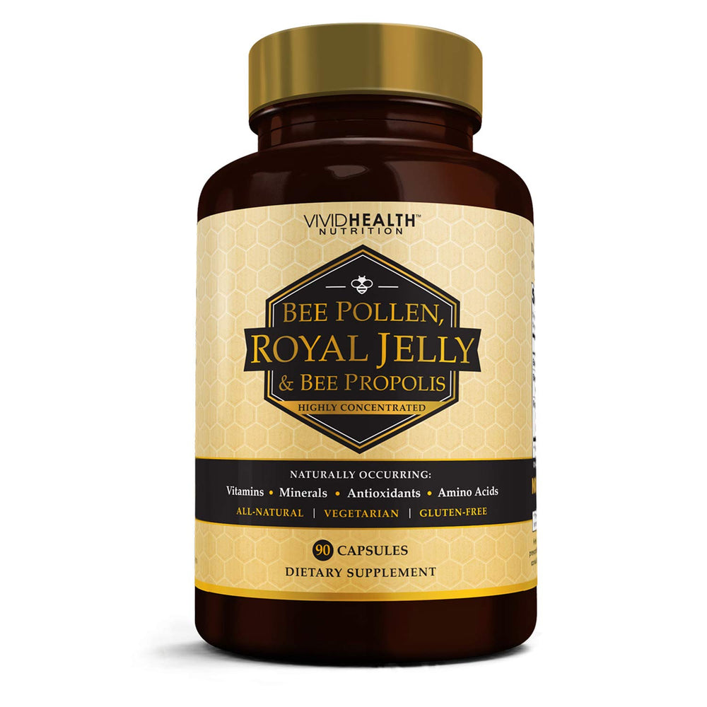 Front view of Vivid Health Royal Jelly and Bee Pollen Capsules bottle, 90-count