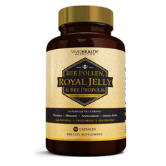 Front view of Vivid Health Royal Jelly and Bee Pollen Capsules bottle, 90-count