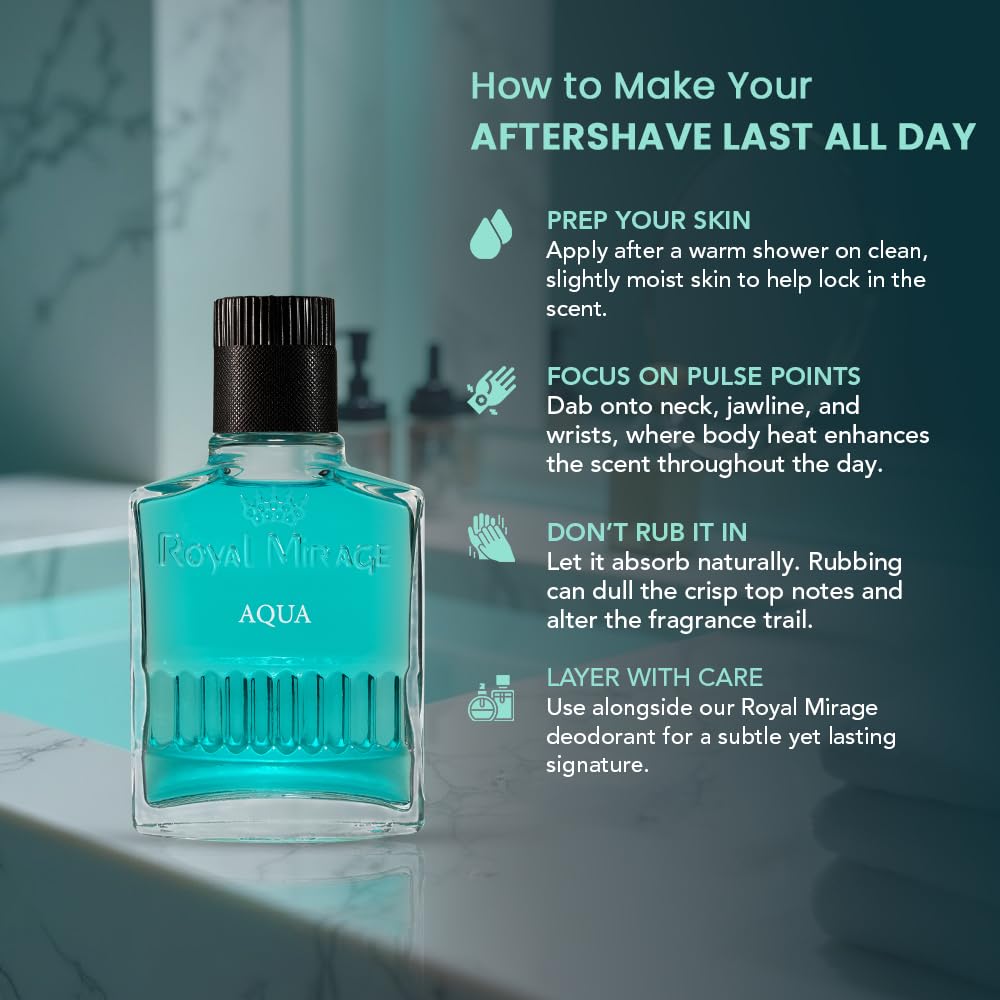 Royal Mirage Aqua bottle label close-up highlights clean, sophisticated scent profile.
