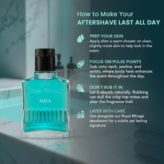 Royal Mirage Aqua bottle label close-up highlights clean, sophisticated scent profile.