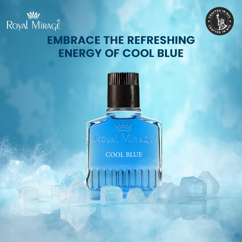 Royal Mirage Cool Blue aftershave label detail emphasizes refined scent notes.