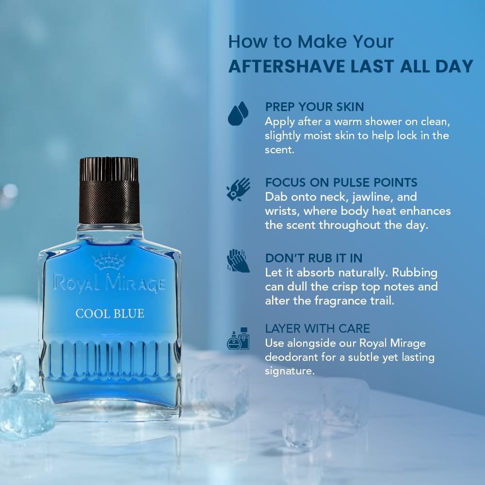 Royal Mirage Cool Blue aftershave on wooden surface conveys rugged, everyday use.