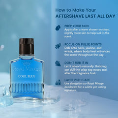 Royal Mirage Cool Blue aftershave on wooden surface conveys rugged, everyday use.