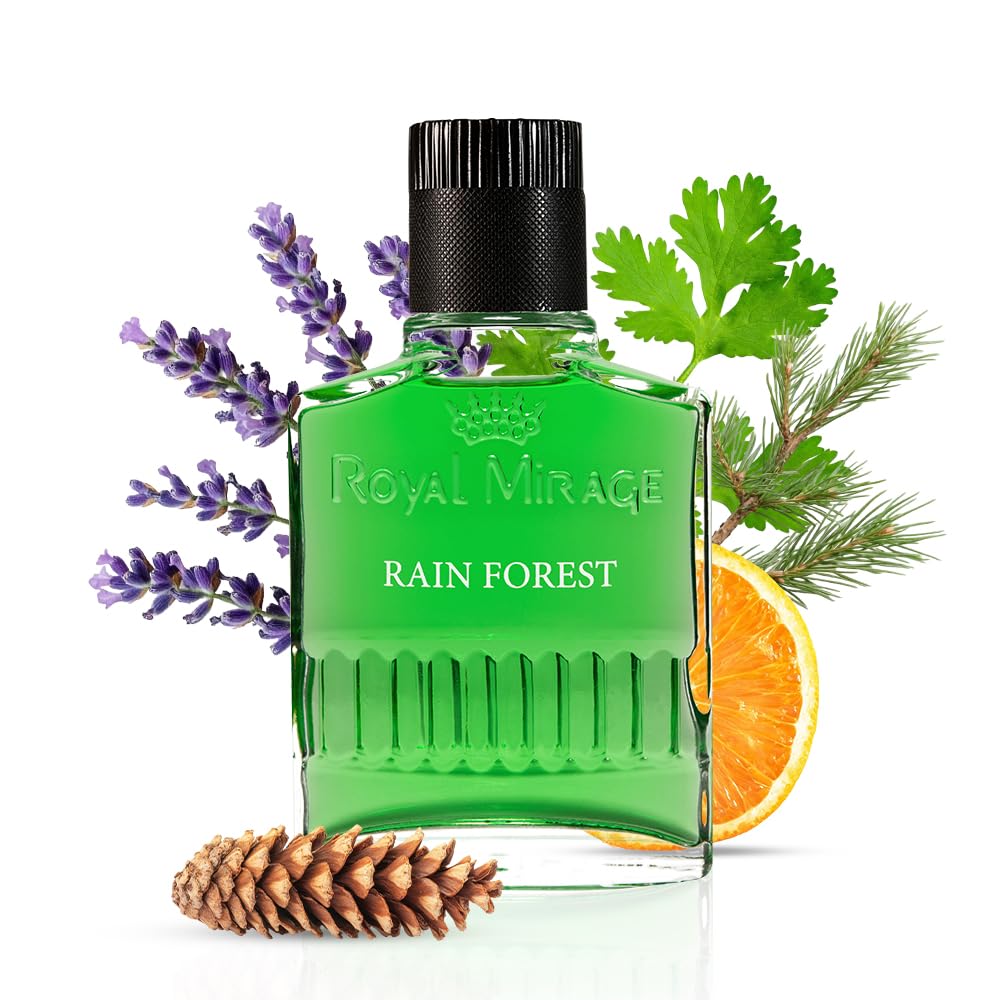 Royal Mirage Rainforest aftershave bottle—front view highlighting refreshing post-shave relief.