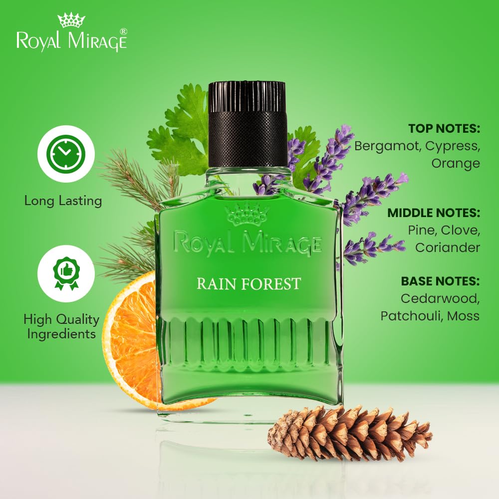 Royal Mirage Rainforest aftershave—woody notes visualized in a refined scent profile.