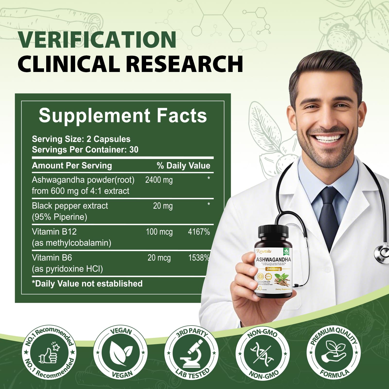 Close-up of Royavita Ashwagandha 2400mg capsules