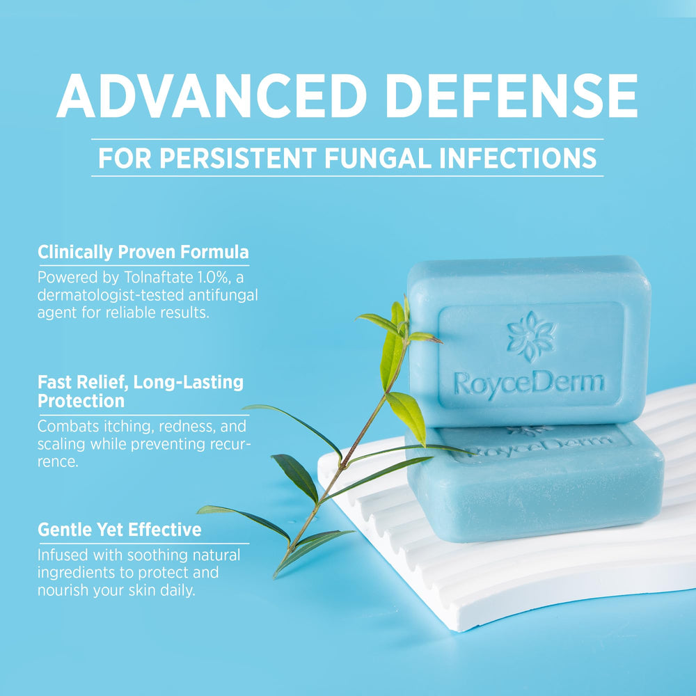 Roycederm Antifungal Tea Tree Soap on foot demonstrates fungal care and cleansing.