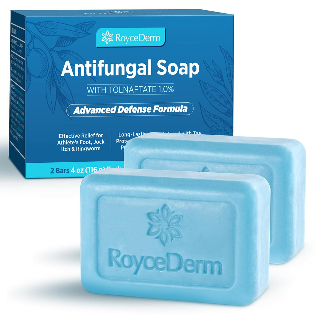 Roycederm Antifungal Tea Tree Soap packaging showing medicated formula for skin protection.