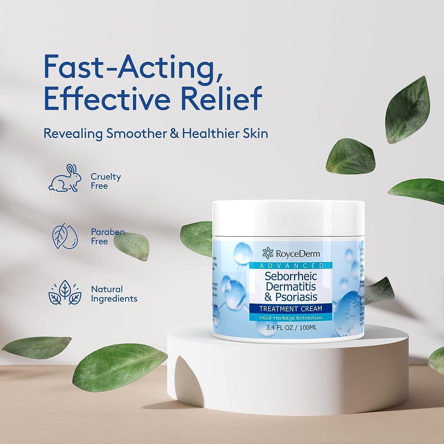 Roycederm itch-relief cream application captures quick-acting, gentle calming on irritated areas.
