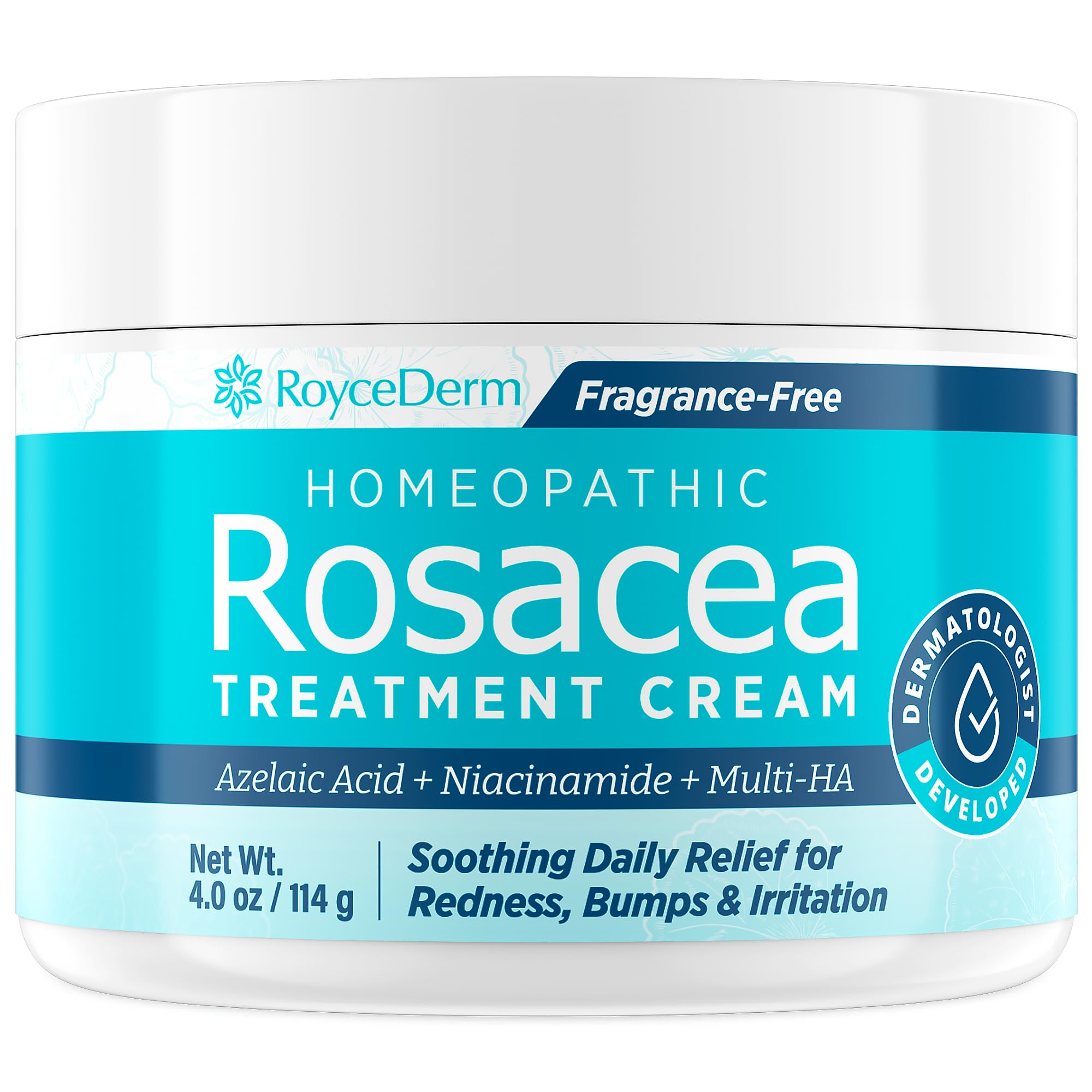 Roycederm Rosacea Treatment bottle close-up for daily redness relief